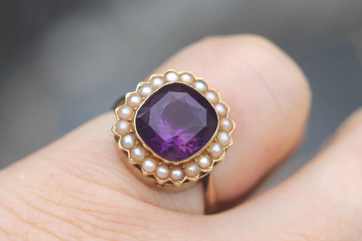 Antique Victorian 9ct Gold Amethyst & Seed Pearl Cluster Ring c.1890 — view 6