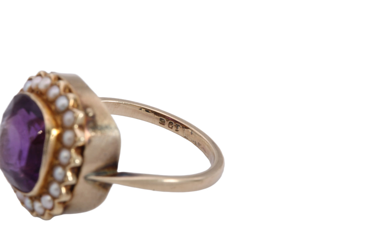 Antique Victorian 9ct Gold Amethyst & Seed Pearl Cluster Ring c.1890 — view 9