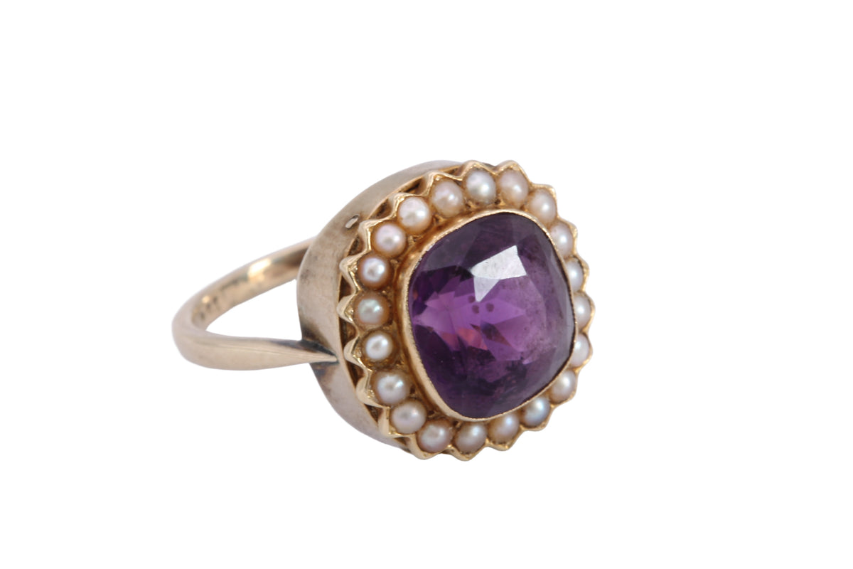 Antique Victorian 9ct Gold Amethyst & Seed Pearl Cluster Ring c.1890 — view 7