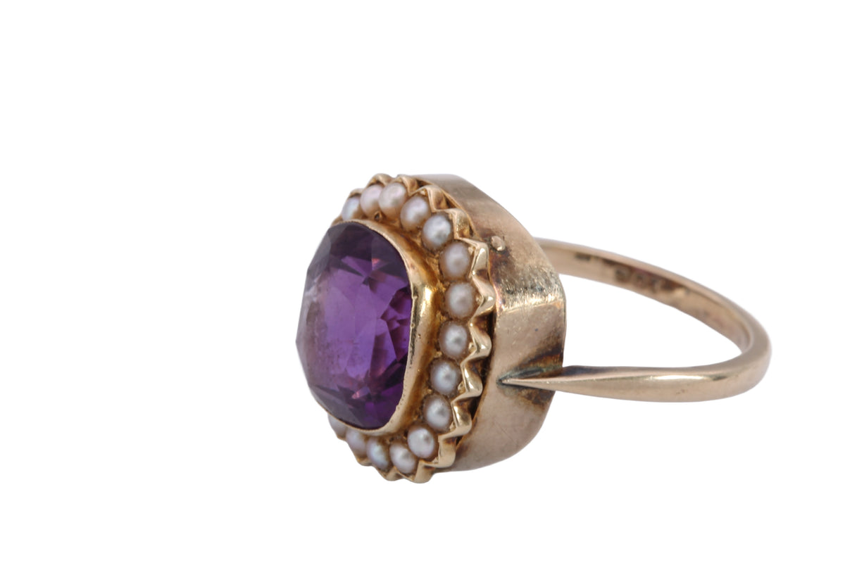 Antique Victorian 9ct Gold Amethyst & Seed Pearl Cluster Ring c.1890 — view 8