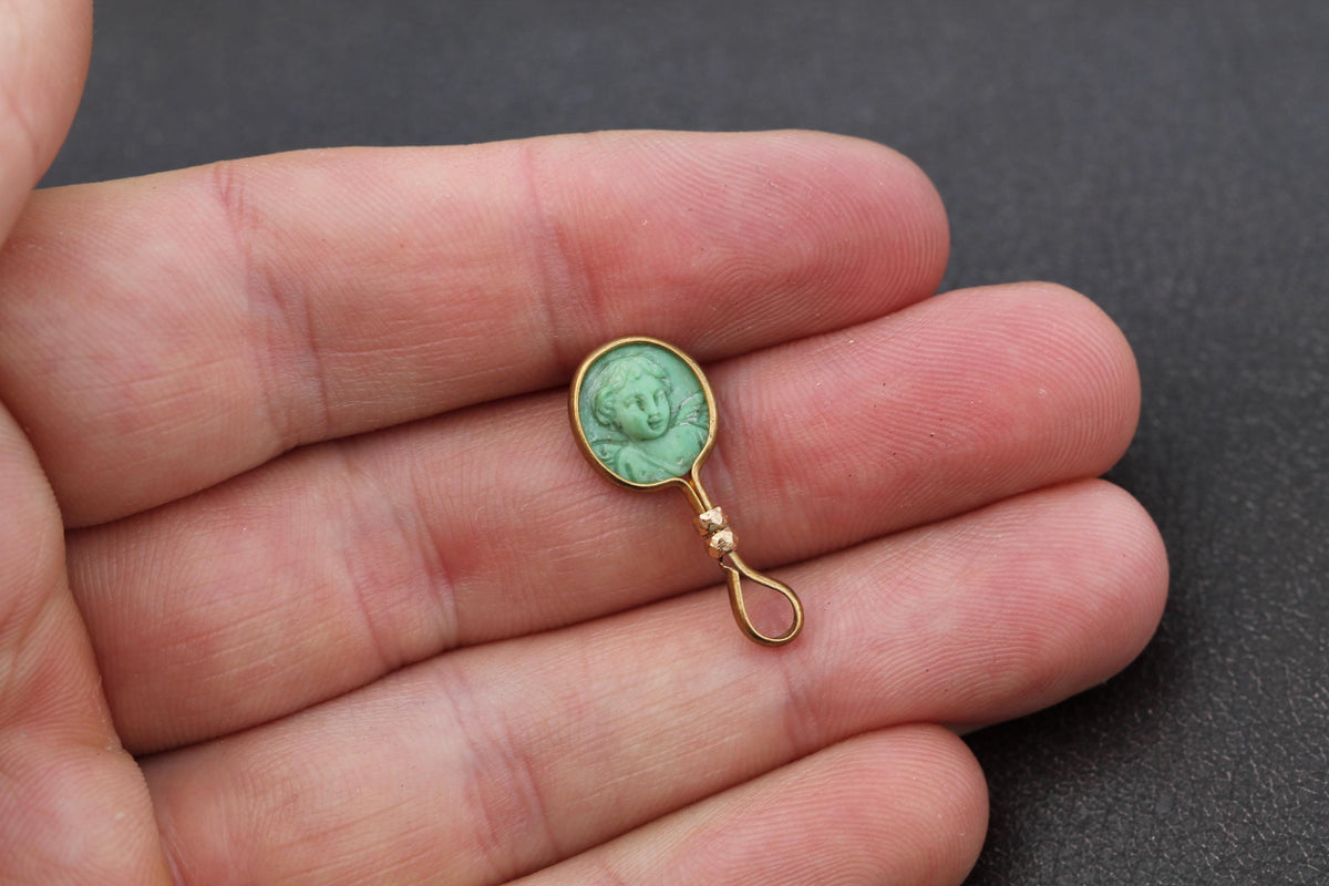 Antique 9ct Rolled Gold Cherub Portrait Pendant | Green Cameo Charm — view 6