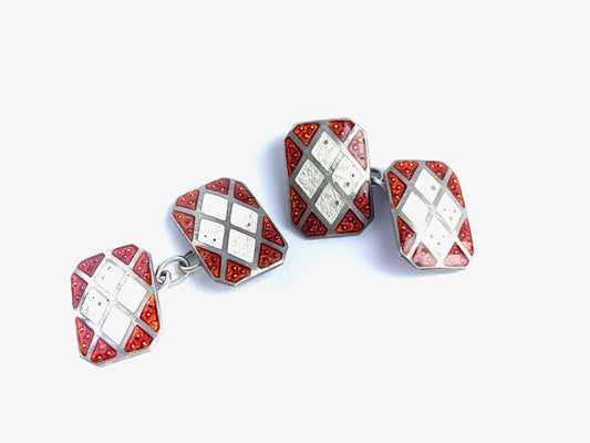 Antique Art Deco Sterling Silver and Enamel Double Cufflinks