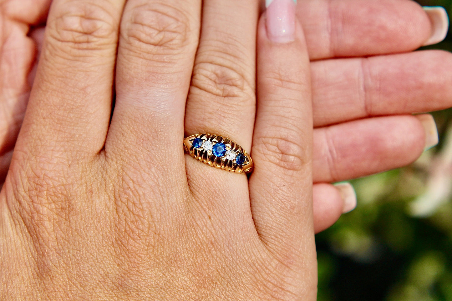 Antique Edwardian Diamond and Sapphire 18ct Gold Ring - 1903