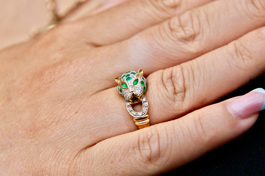 18ct Gold Diamond and Emerald Panther Ring