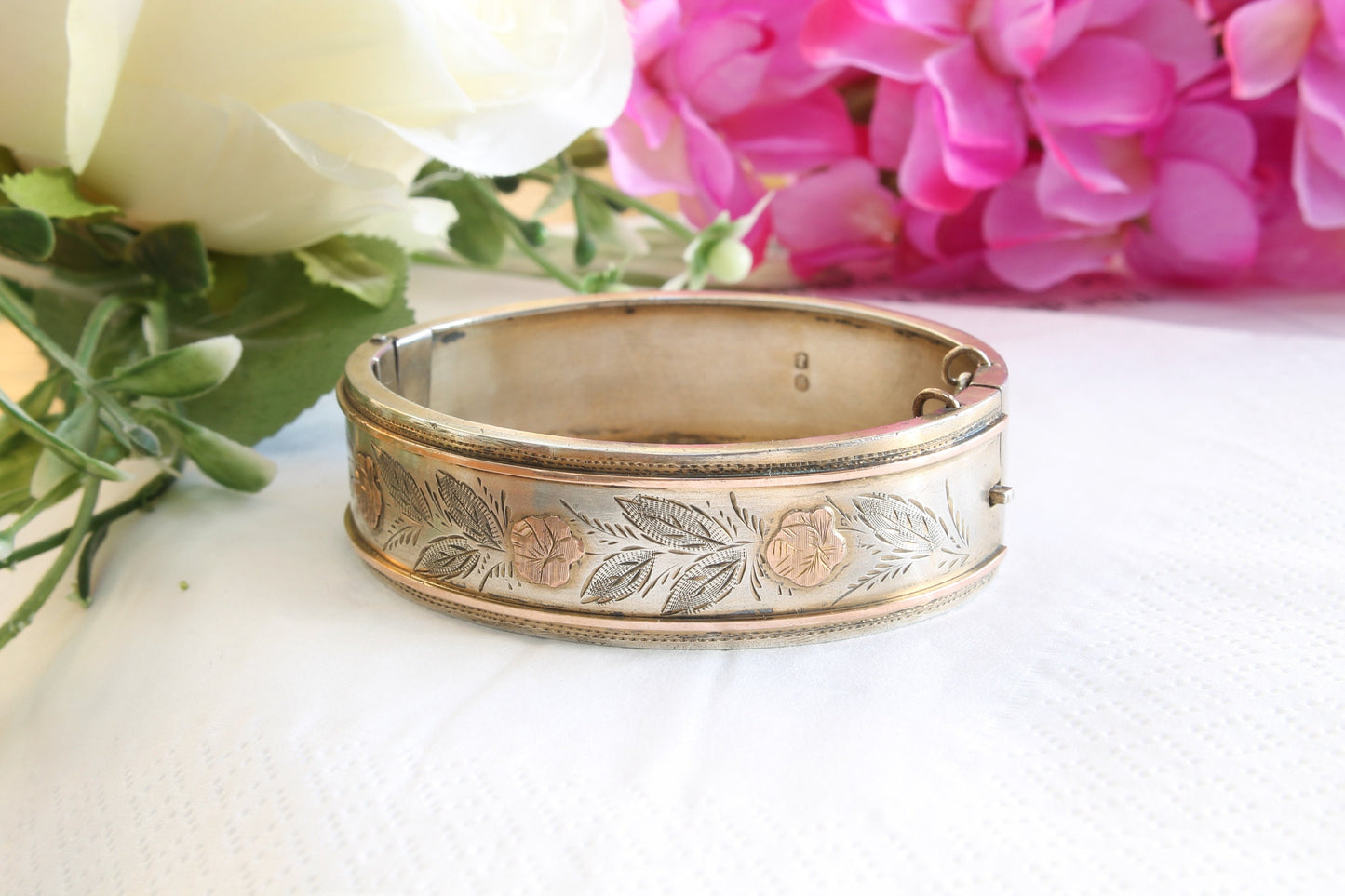 Antique Sterling Silver & 9ct Gold Floral Bangle