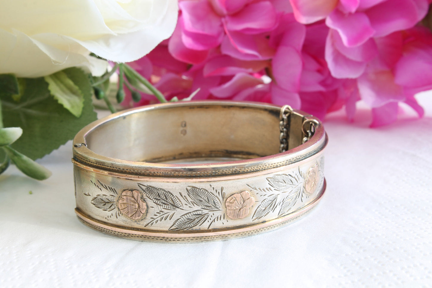 Antique Sterling Silver & 9ct Gold Floral Bangle