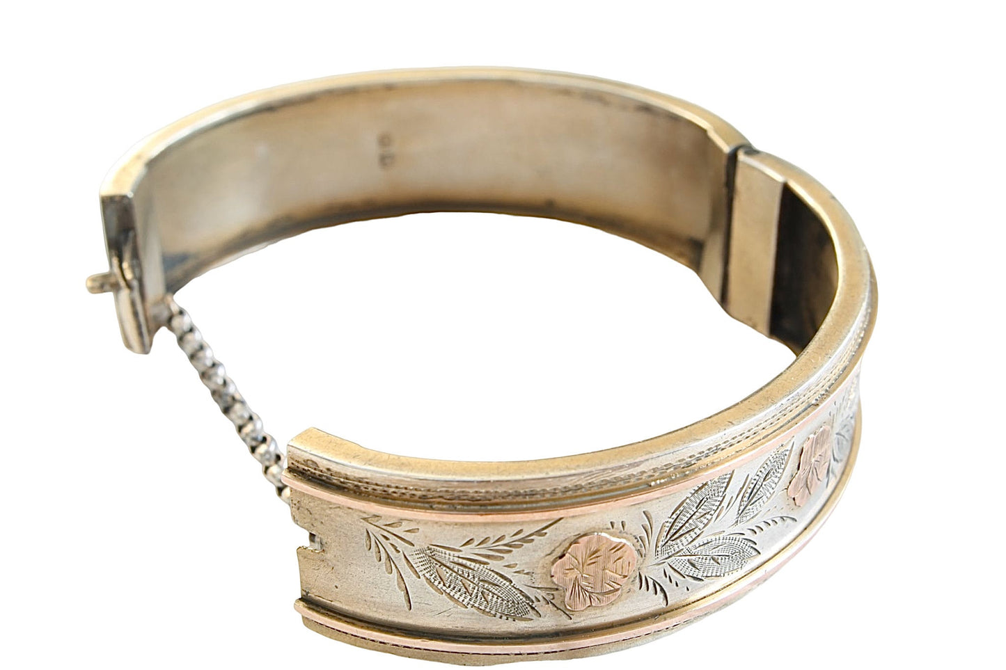 Antique Sterling Silver & 9ct Gold Floral Bangle