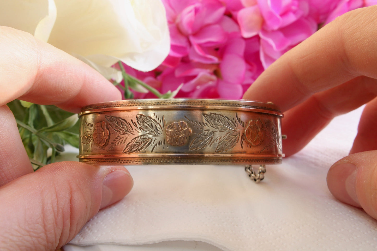 Antique Sterling Silver & 9ct Gold Floral Bangle