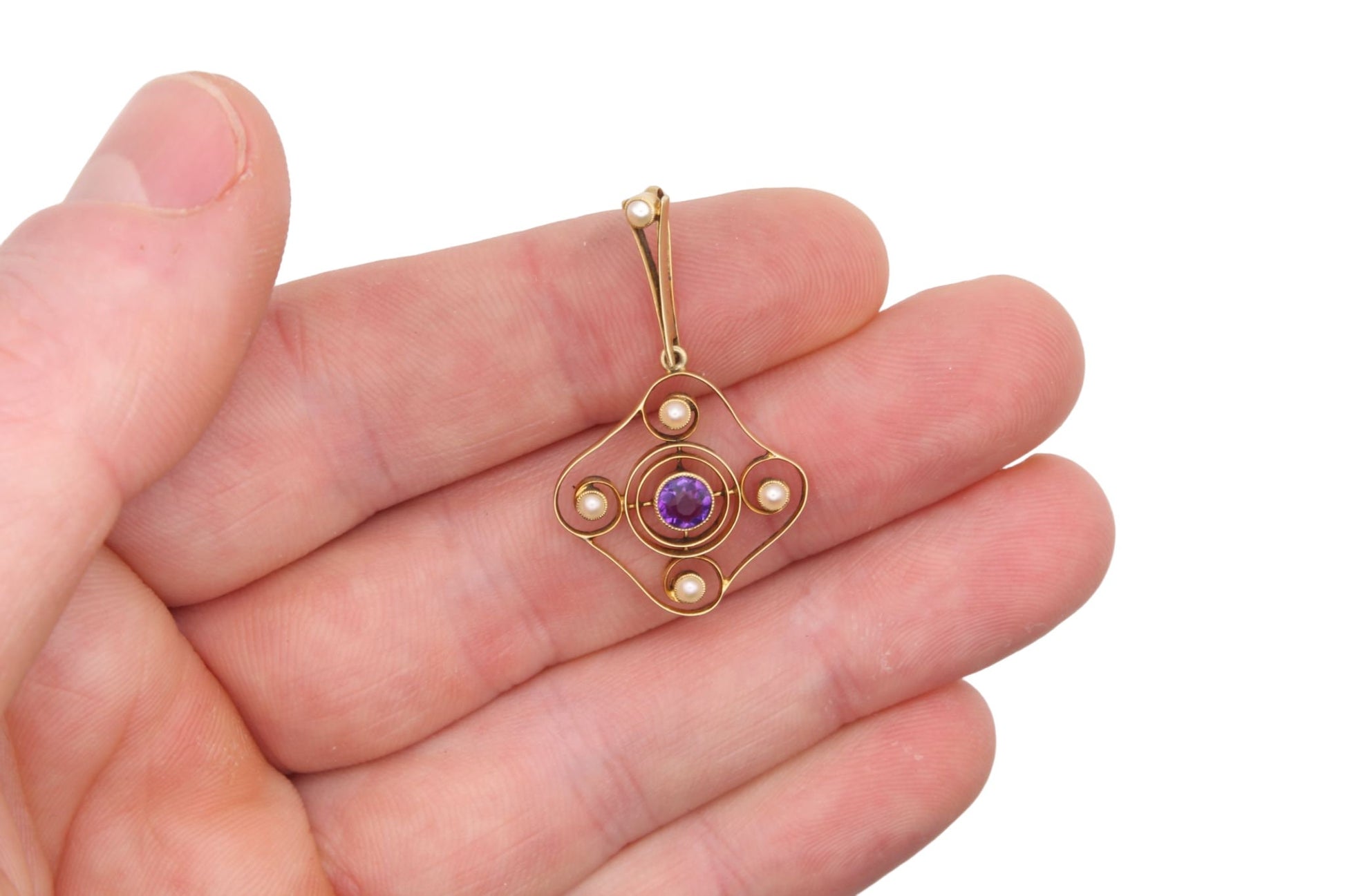 Antique-15ct-Gold-Amethyst-&-Seed-Pearl-Pendant,-c.1900
