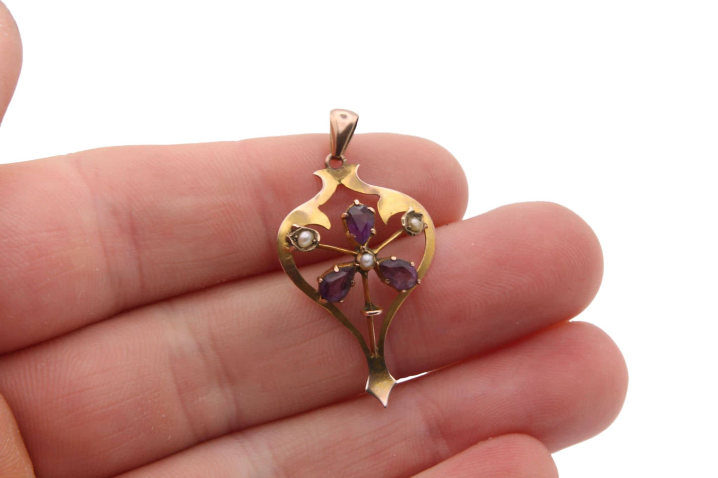 Antique 9ct Gold Amethyst & Seed Pearl Flower Pendant