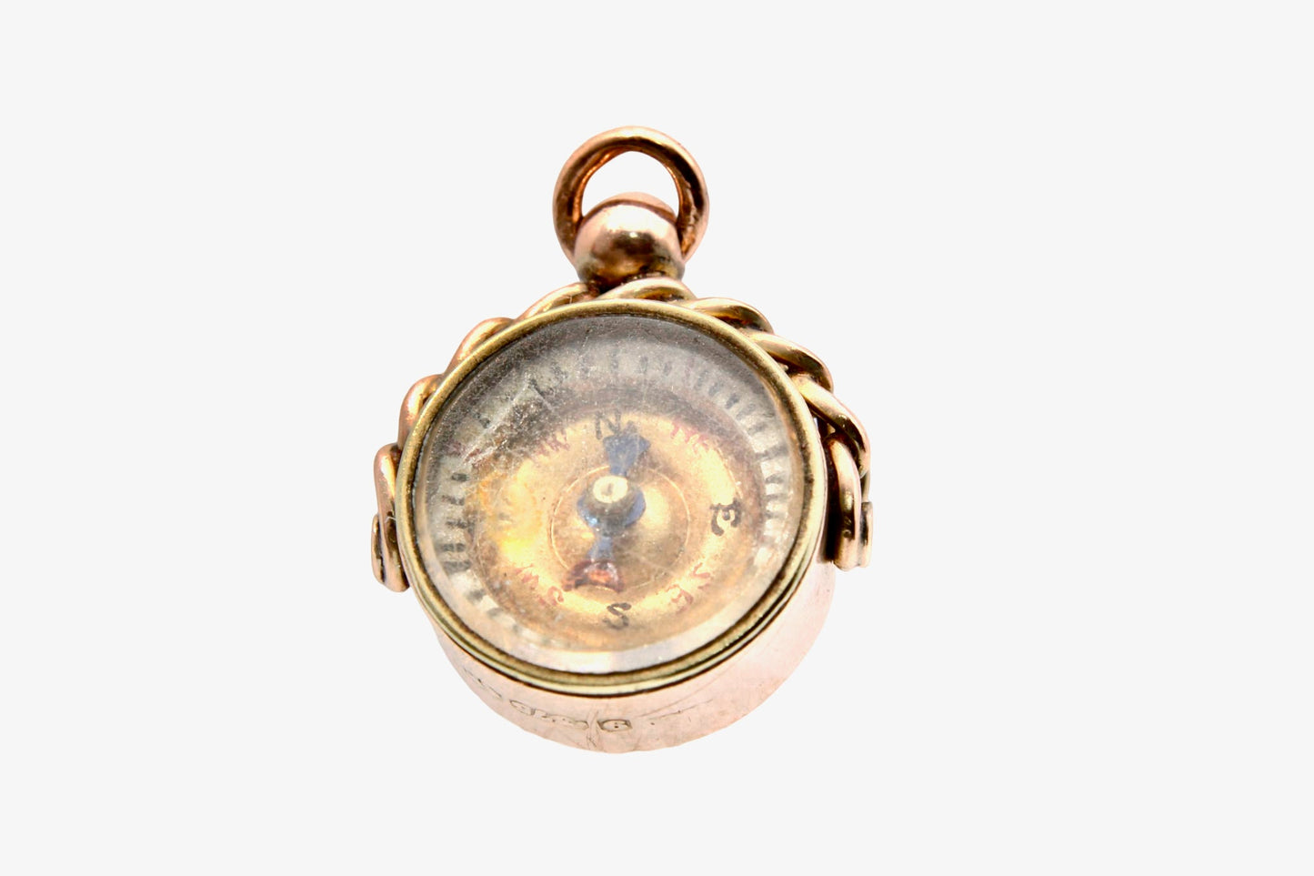 Antique 9ct Rose Gold Essex Crystal Dog Scene Compass Pendant