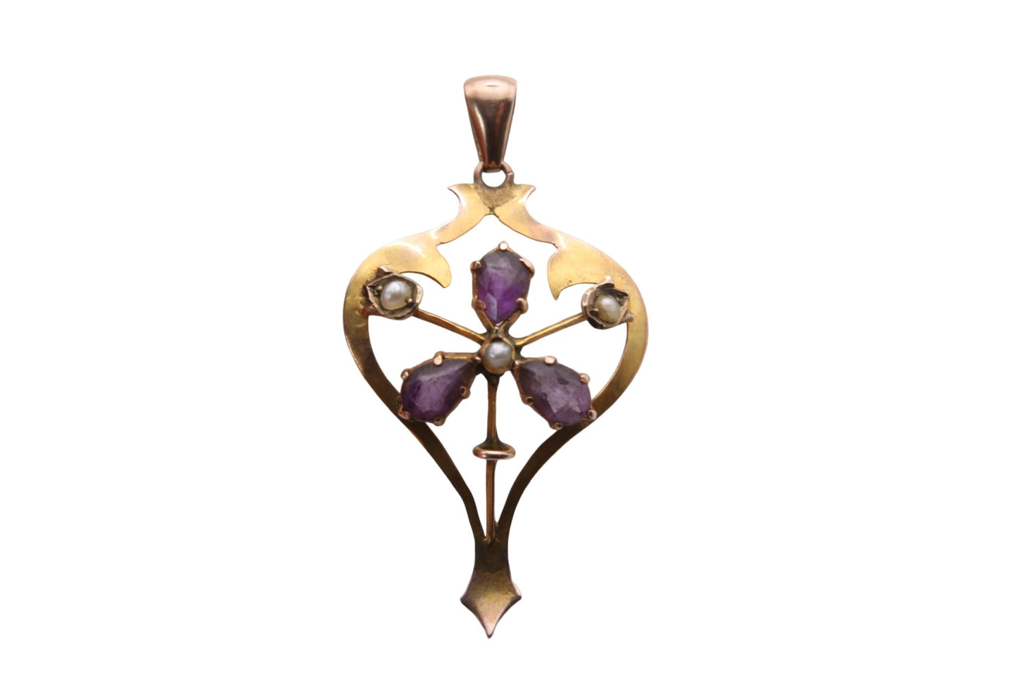 Antique 9ct Gold Amethyst & Seed Pearl Flower Pendant