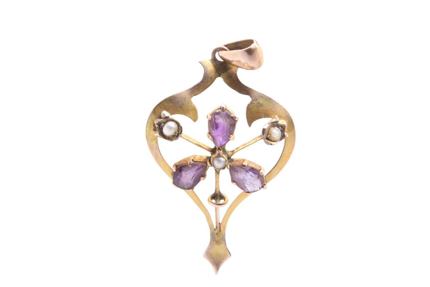 Antique 9ct Gold Amethyst & Seed Pearl Flower Pendant