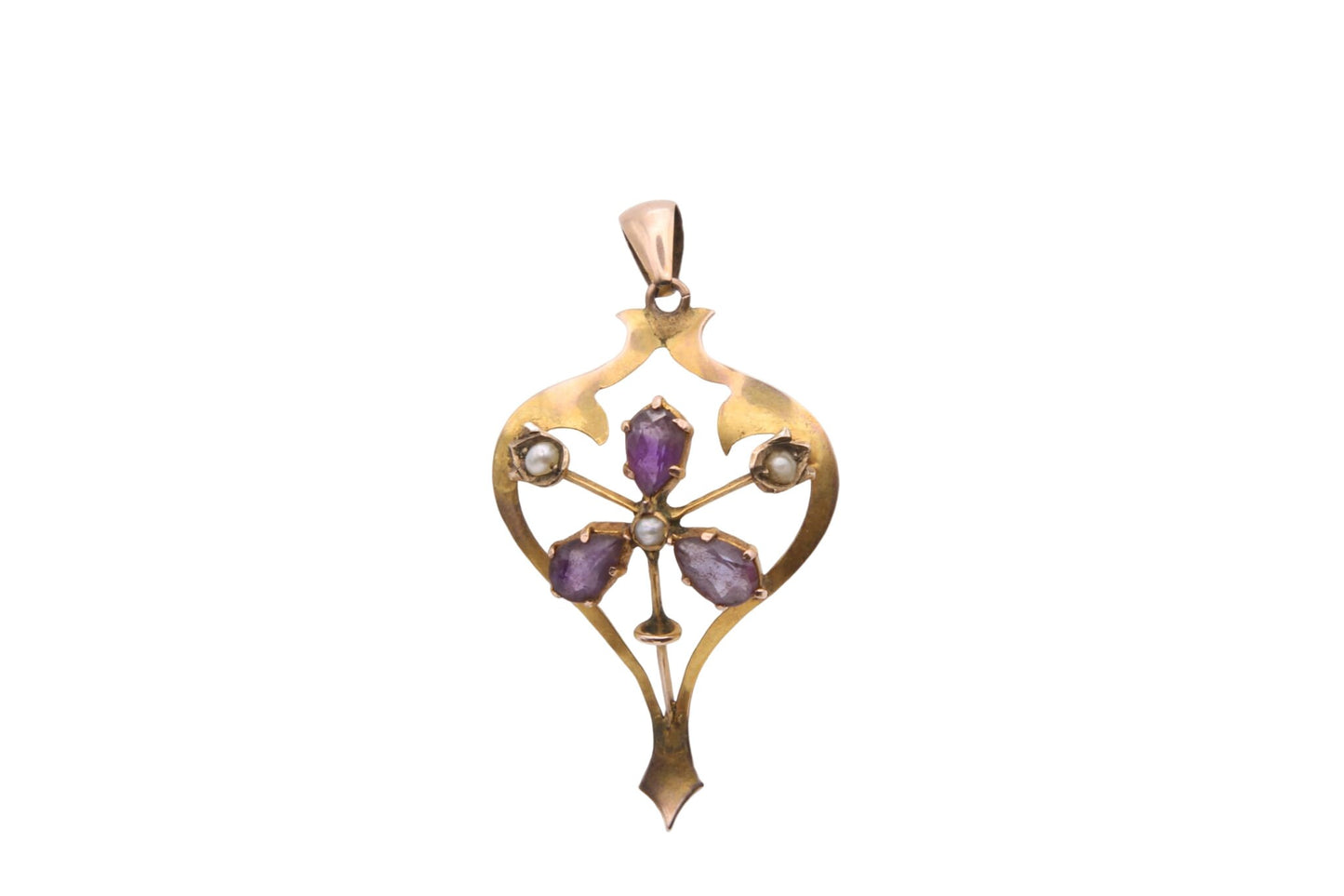 Antique 9ct Gold Amethyst & Seed Pearl Flower Pendant