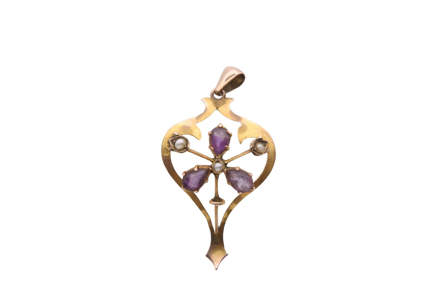 Antique 9ct Gold Amethyst & Seed Pearl Flower Pendant