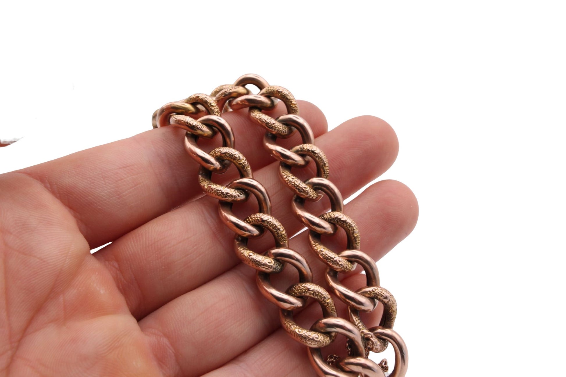 Antique-Victorian-9ct-Rose-Gold-Chased-Gate-Bracelet,-18g