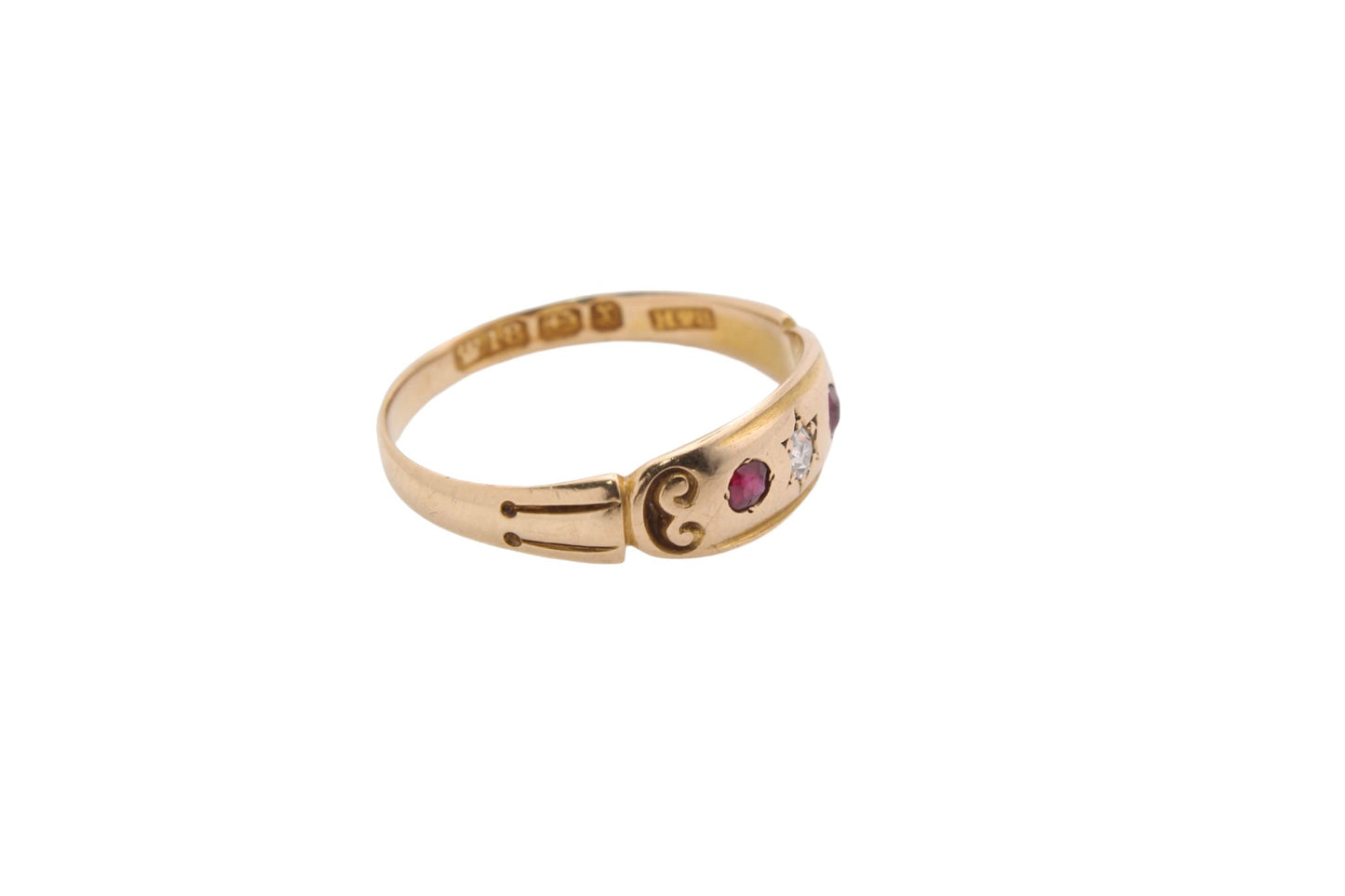 Antique Victorian 18ct Gold, Diamond & Ruby Gypsy Ring - 1897