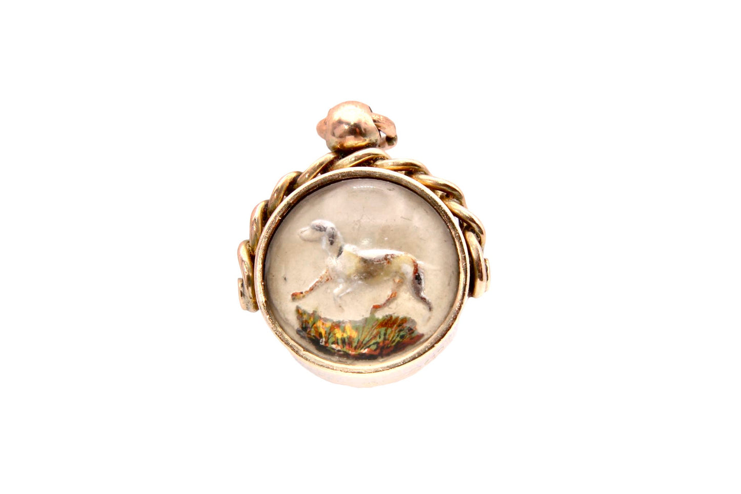 Antique 9ct Rose Gold Essex Crystal Dog Scene Compass Pendant