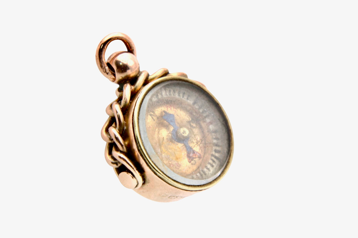 Antique 9ct Rose Gold Essex Crystal Dog Scene Compass Pendant