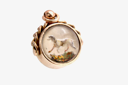 Antique 9ct Rose Gold Essex Crystal Dog Scene Compass Pendant