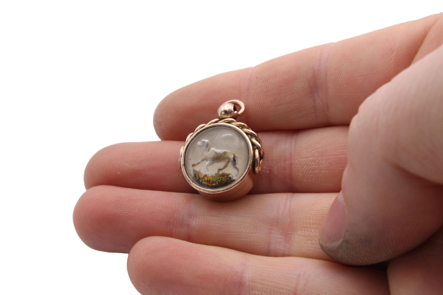 Antique 9ct Rose Gold Essex Crystal Dog Scene Compass Pendant