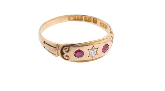 Antique Victorian 18ct Gold, Diamond & Ruby Gypsy Ring - 1897