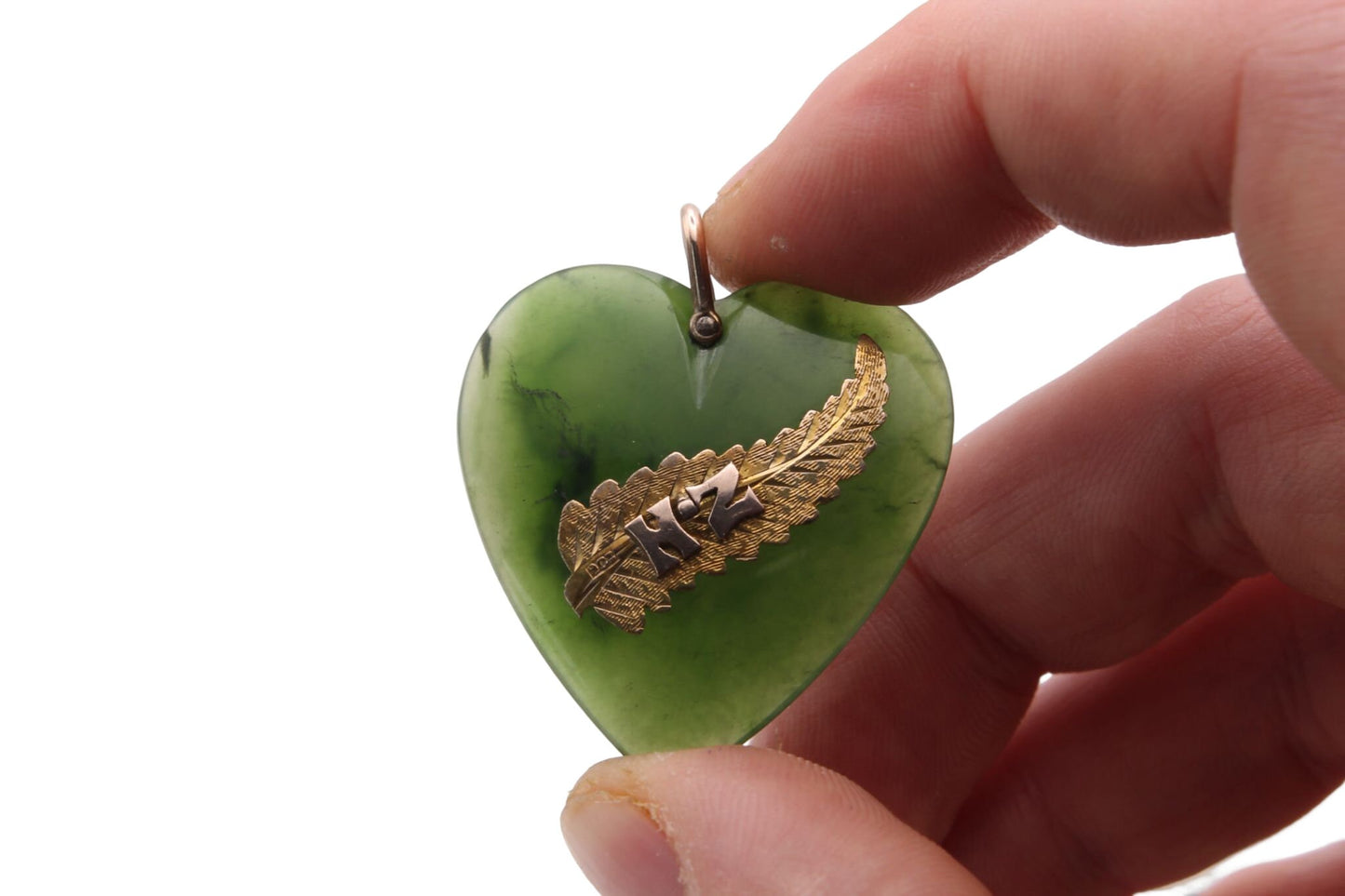 Large Antique 9ct Gold, New Zealand Nephrite Heart Pendant