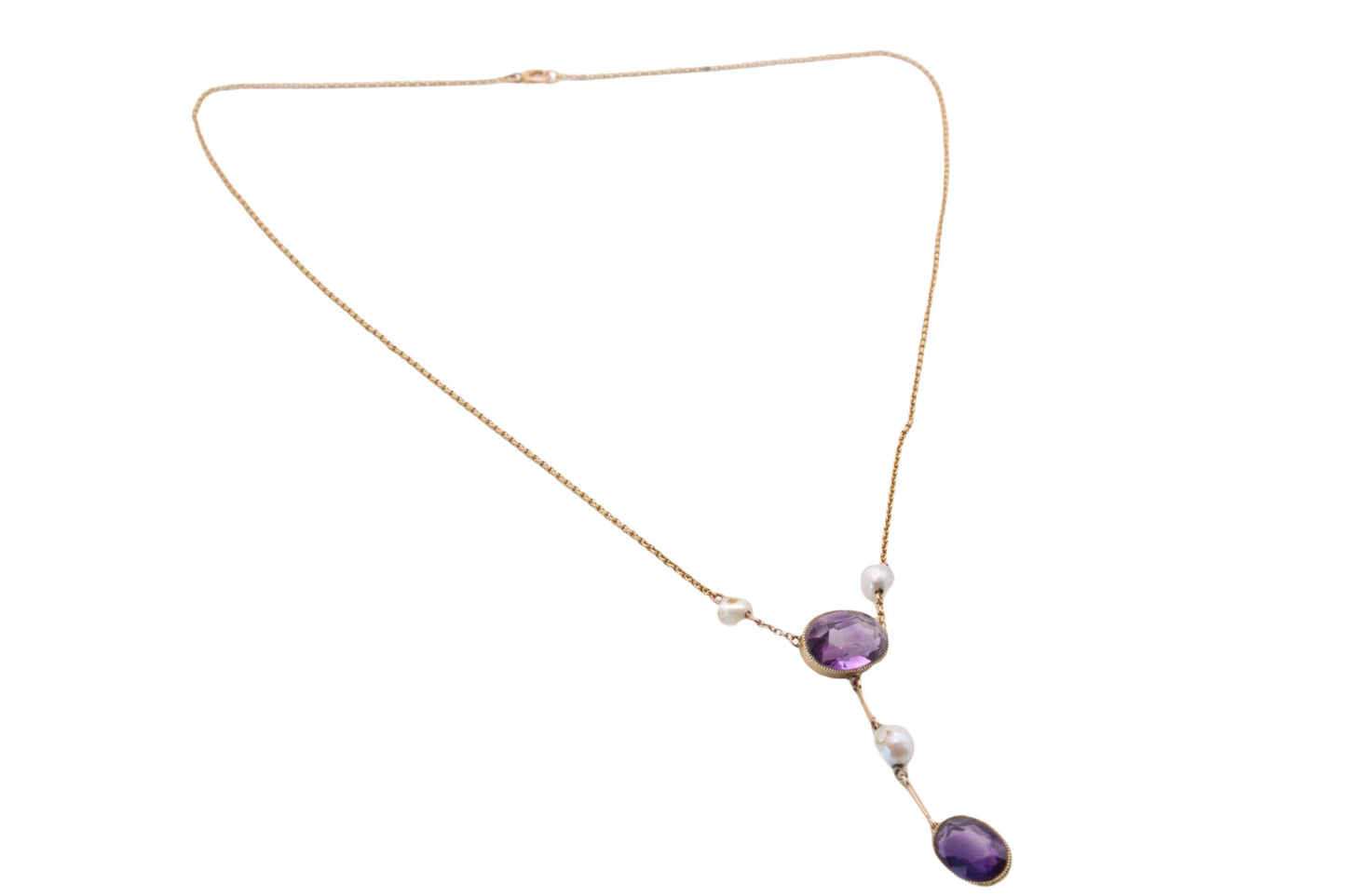 Antique Edwardian 15ct Gold, Amethyst & Pearl Lavalier Necklace