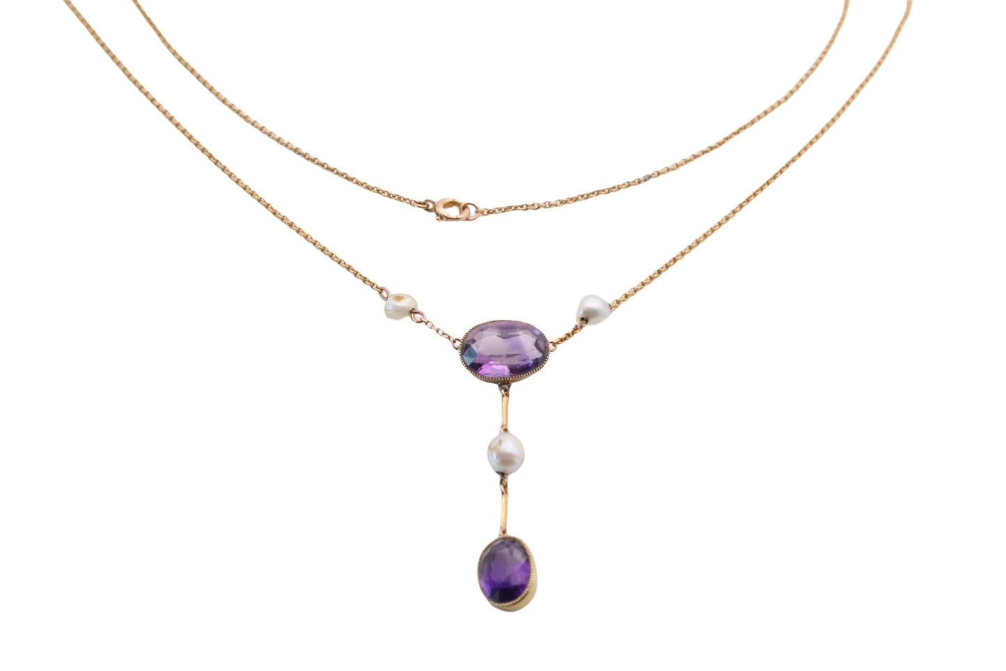 Antique Edwardian 15ct Gold, Amethyst & Pearl Lavalier Necklace