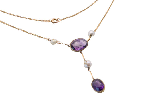 Antique Edwardian 15ct Gold, Amethyst & Pearl Lavalier Necklace
