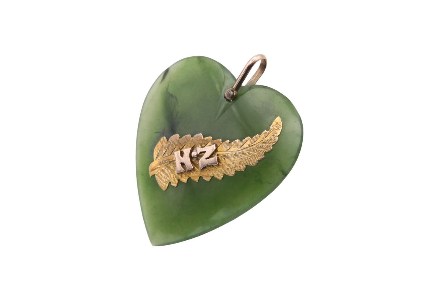 Large Antique 9ct Gold, New Zealand Nephrite Heart Pendant