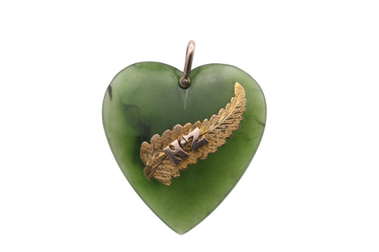 Large Antique 9ct Gold, New Zealand Nephrite Heart Pendant