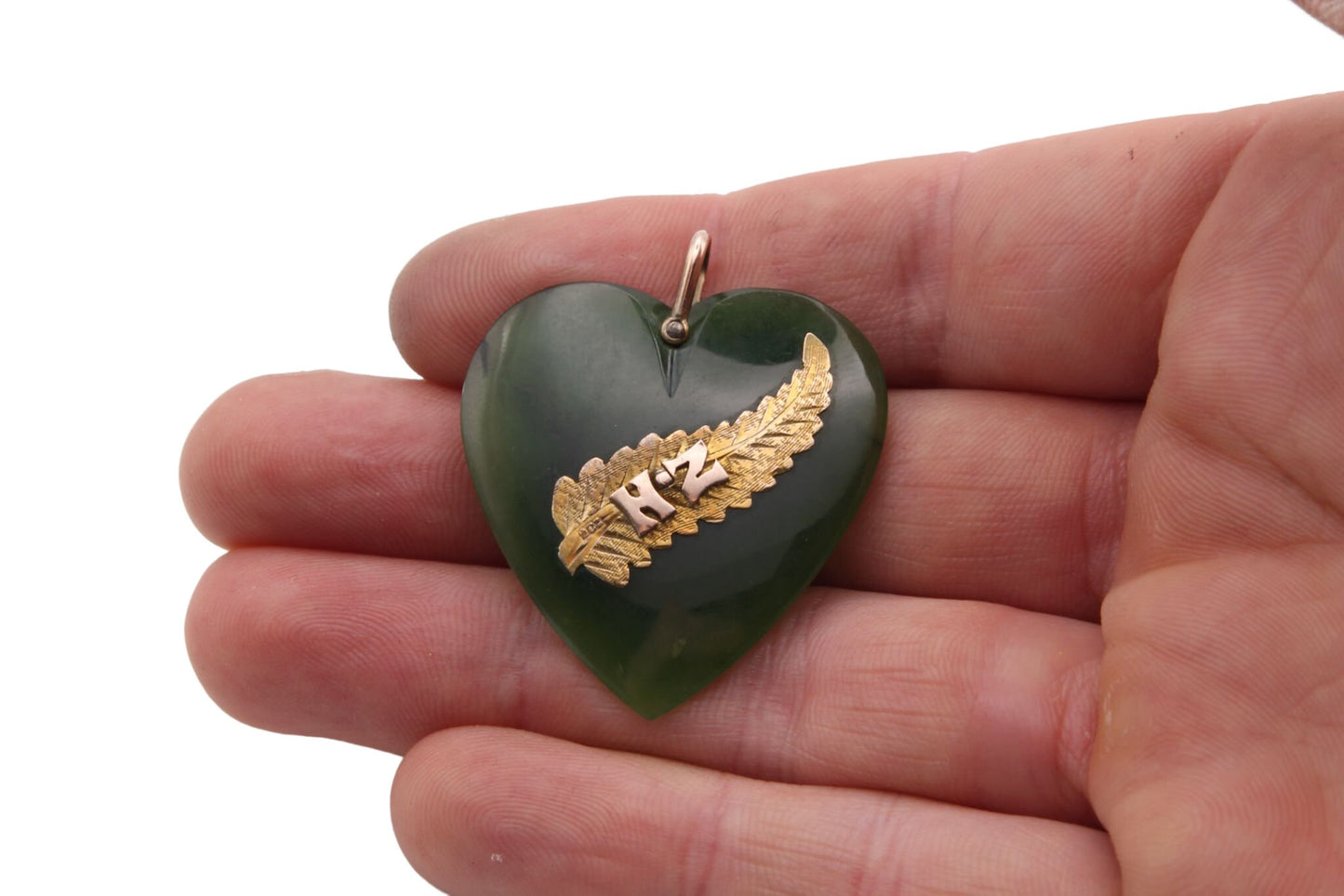 Large Antique 9ct Gold, New Zealand Nephrite Heart Pendant