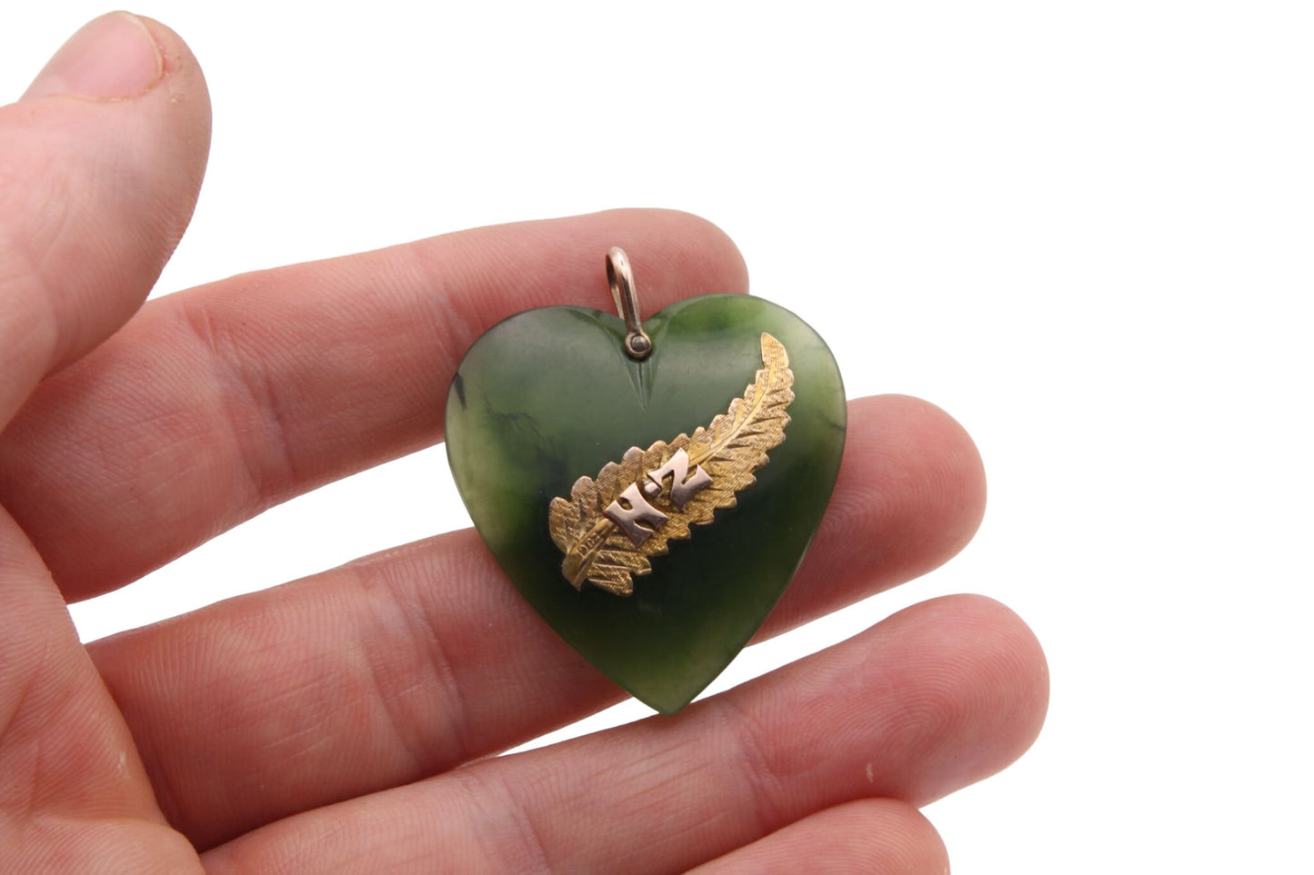 Large Antique 9ct Gold, New Zealand Nephrite Heart Pendant