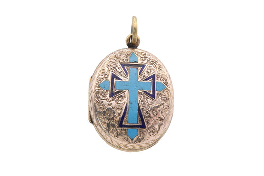 Antique Victorian 9ct Gold Enamel Cross Locket