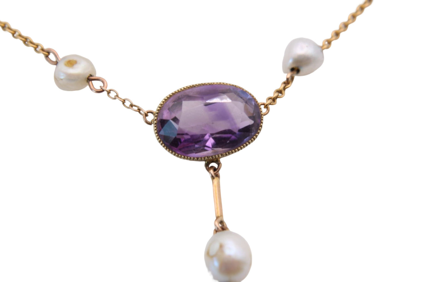 Antique Edwardian 15ct Gold, Amethyst & Pearl Lavalier Necklace