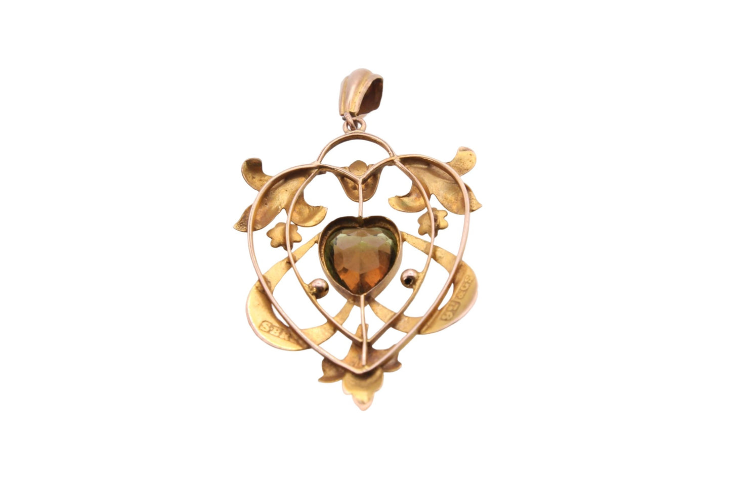 Antique Edwardian 9ct Gold Peridot Heart Pendant