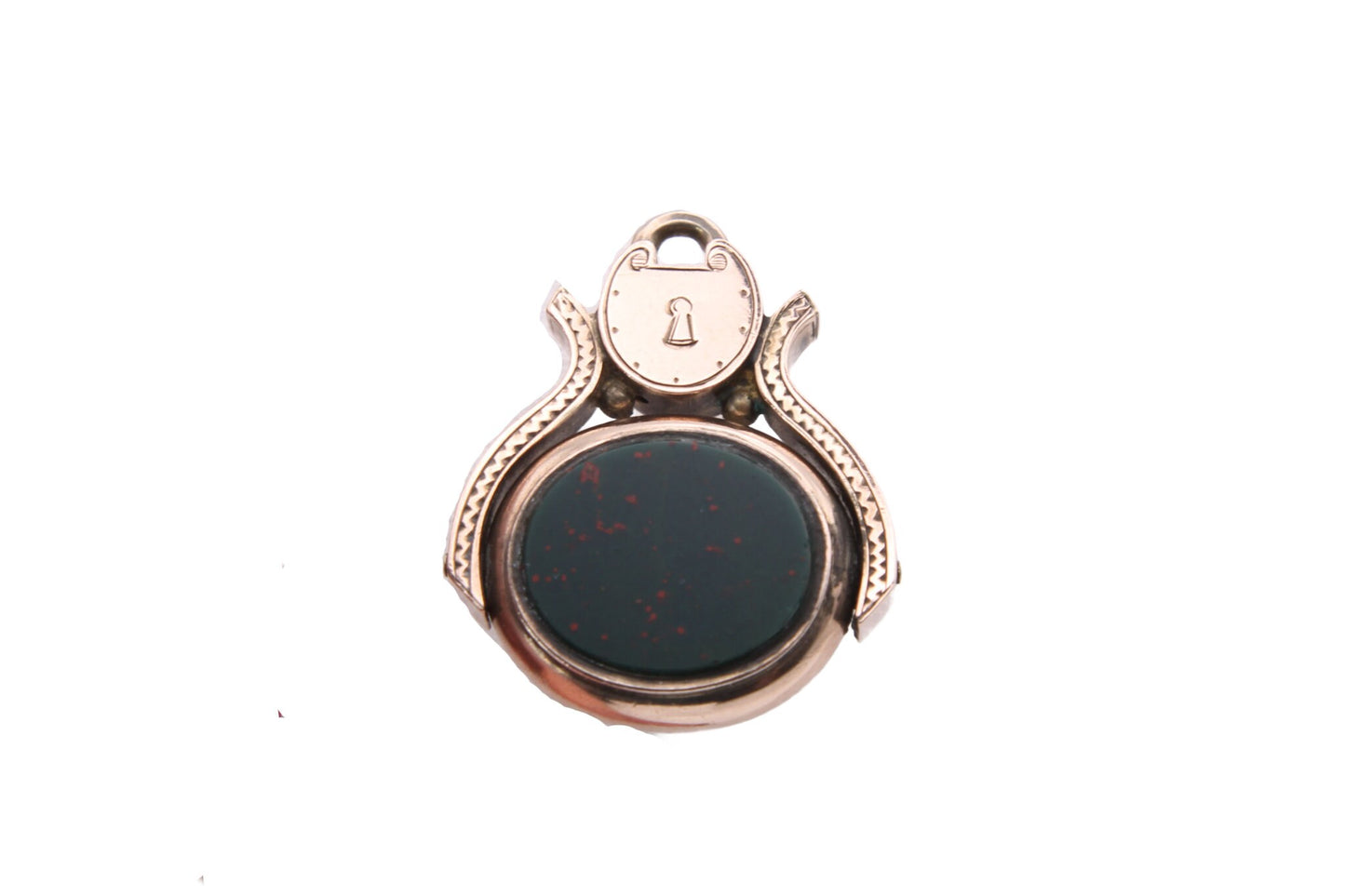 Antique 10ct Gold Heart Padlock Bloodstone & Carnelian Spinner Pendant