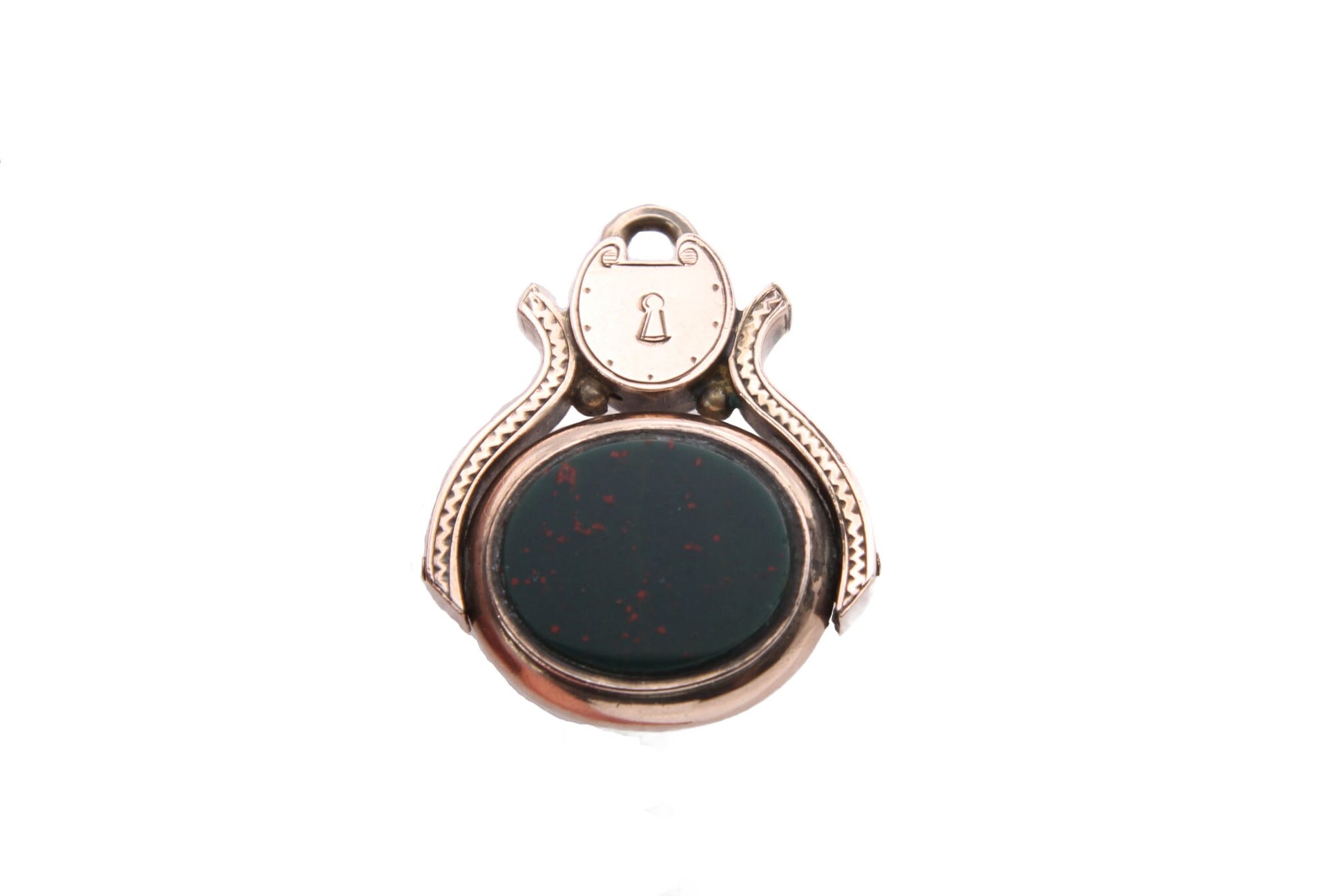 Antique-10ct-Gold-Heart-Padlock-Bloodstone-&-Carnelian-Spinner-Pendant