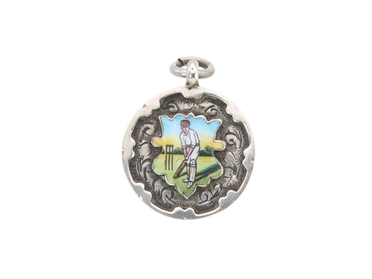 Antique Sterling Silver Cricket Fob Pendant | Enamel Batsman Medal