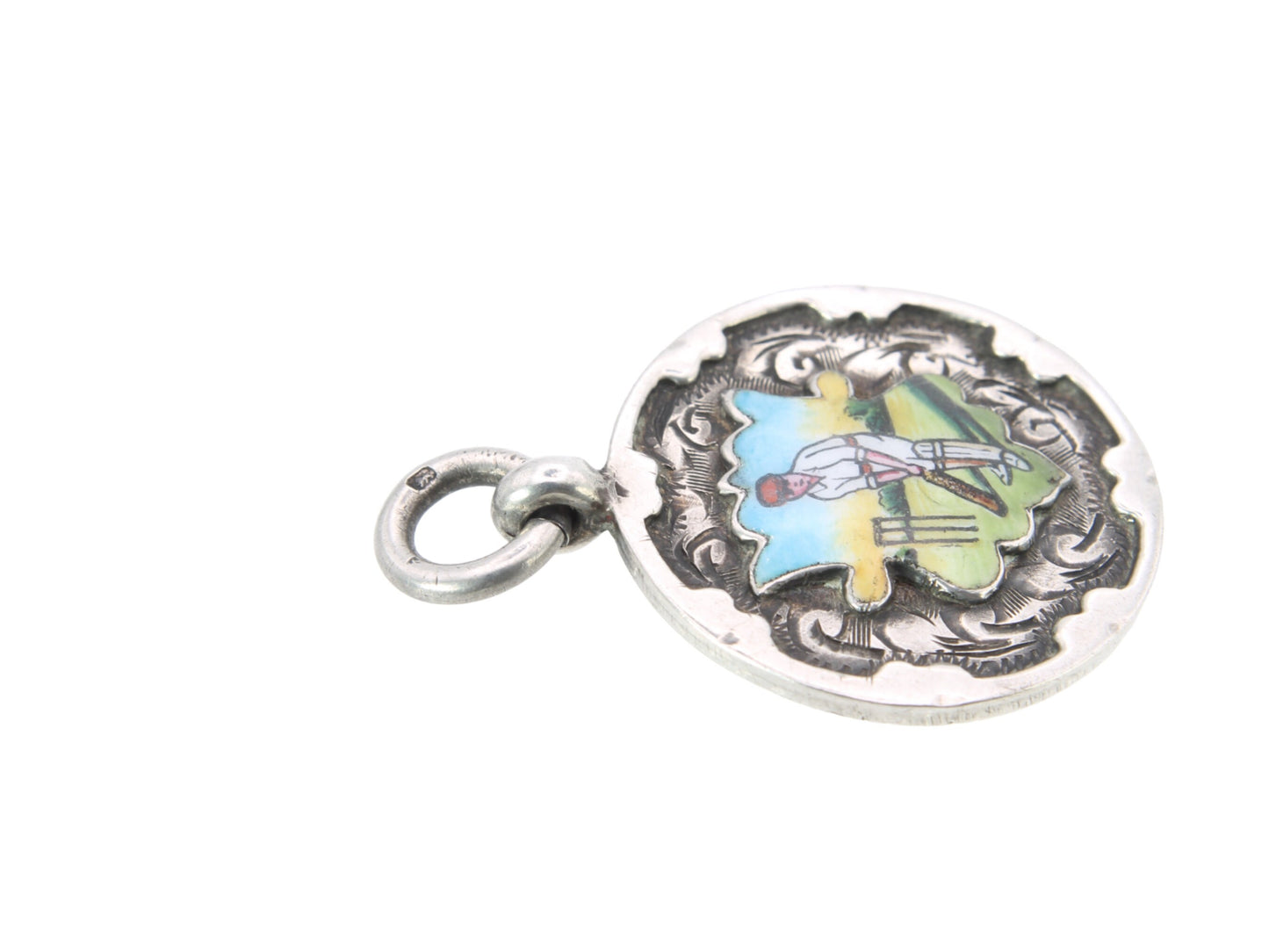 Antique Sterling Silver Cricket Fob Pendant | Enamel Batsman Medal