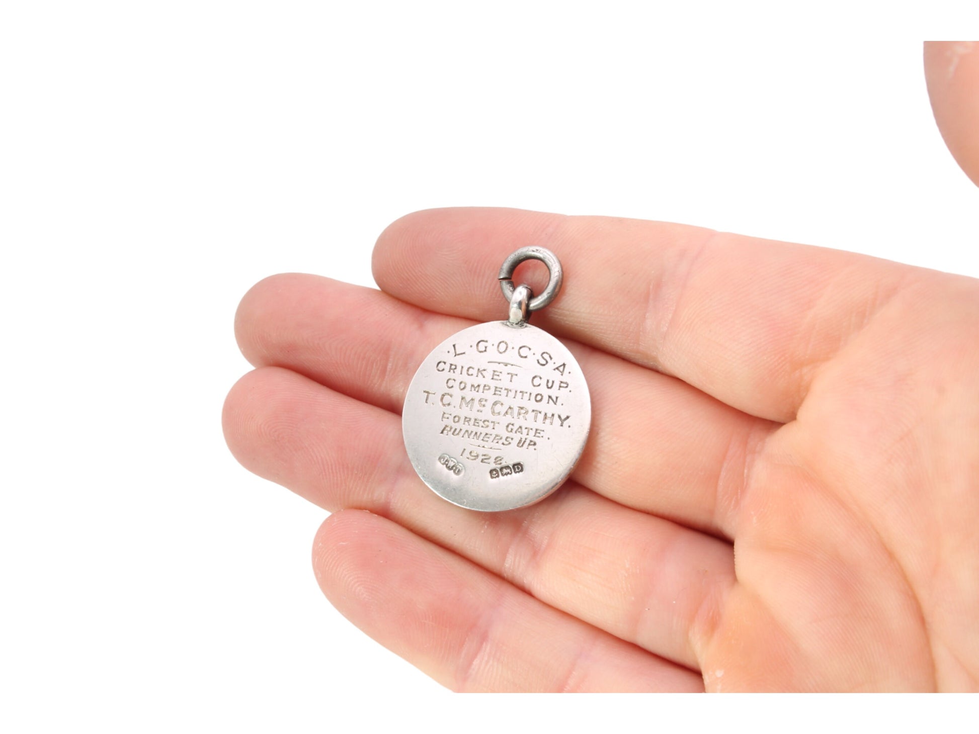 Antique-Sterling-Silver-Cricket-Fob-Pendant-|-Enamel-Batsman-Medal