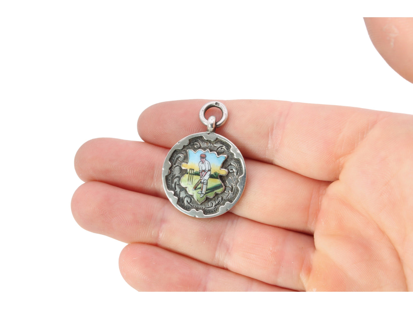 Antique Sterling Silver Cricket Fob Pendant | Enamel Batsman Medal