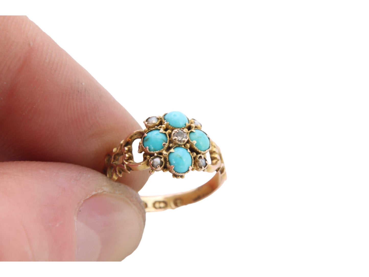 Antique 12.5ct Gold, Diamond And Turquoise Forget Me Not Ring, 1868