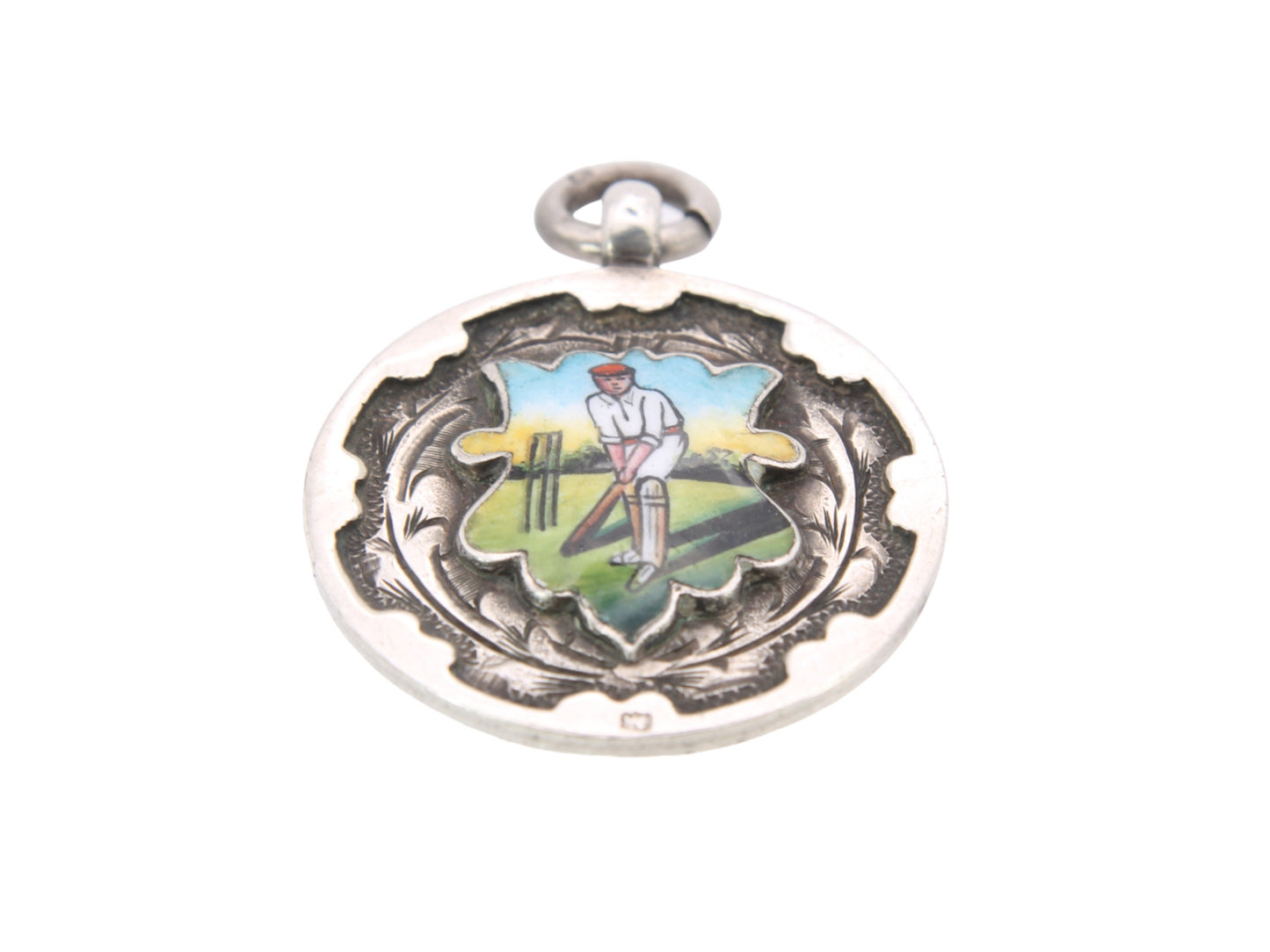 Antique Silver Enamel Cricket Fob Pendant