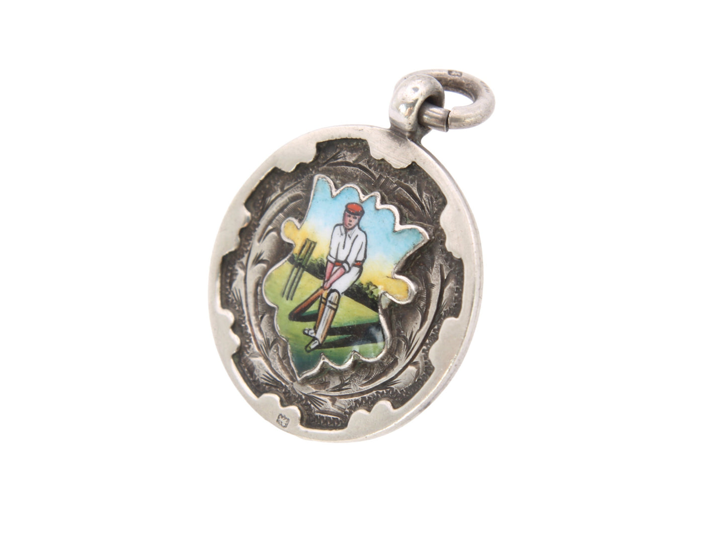 Antique Silver Enamel Cricket Fob Pendant
