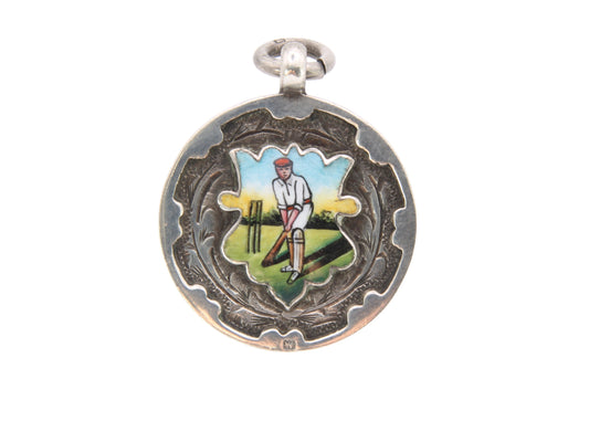 Antique Silver Enamel Cricket Fob Pendant