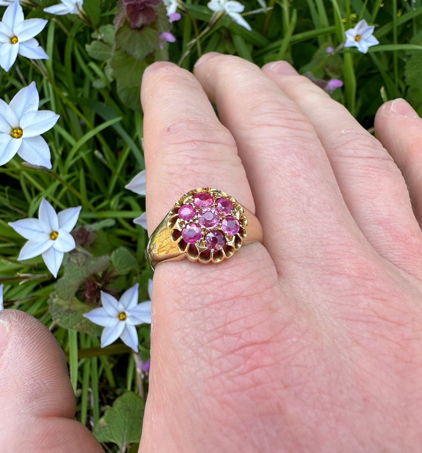 Antique Edwardian 18ct Gold & Ruby Cluster Ring, 9.5g, 1.2CTW