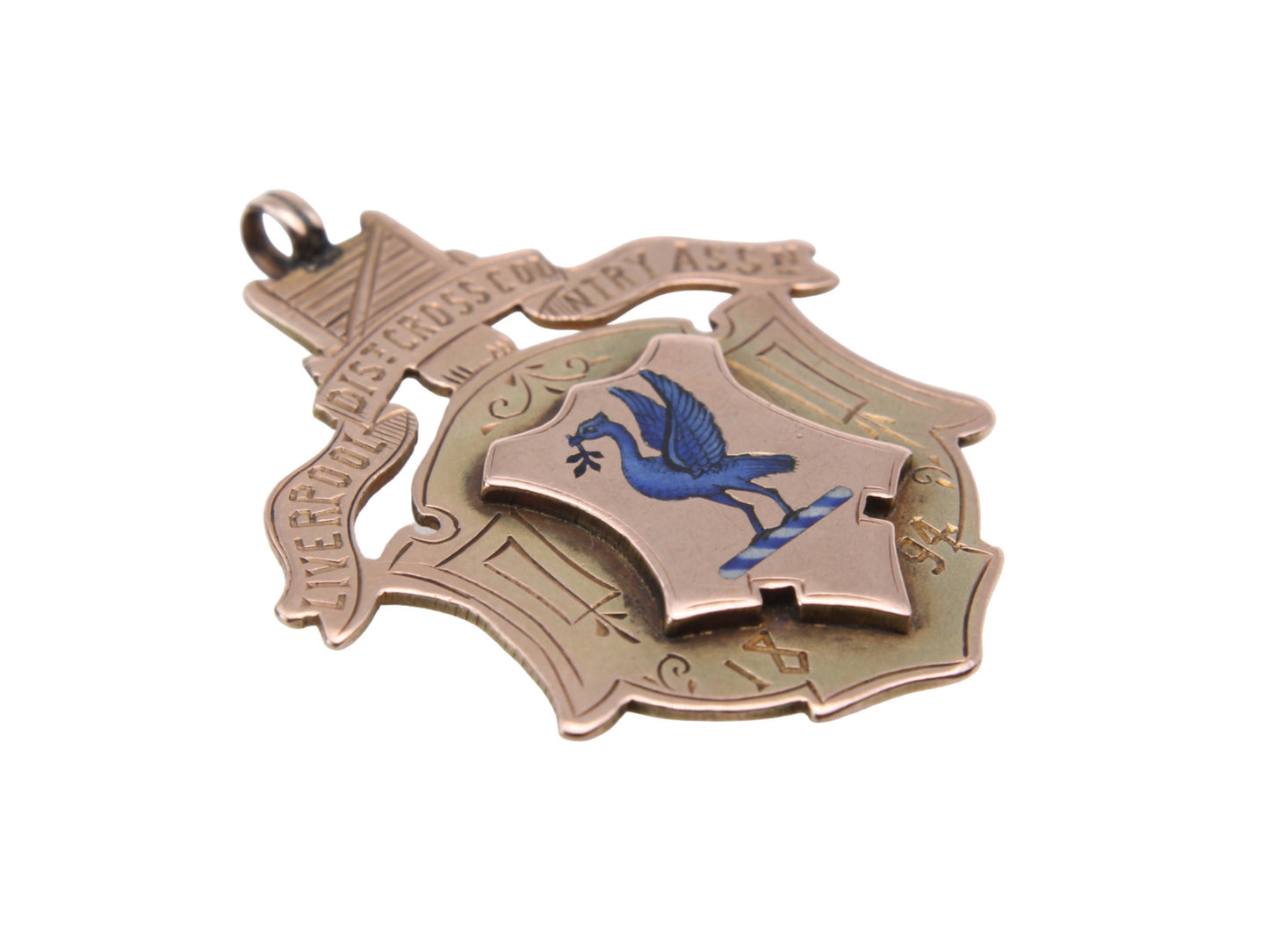 Antique 9ct Gold Liver Bird Crest Enamel Pendant