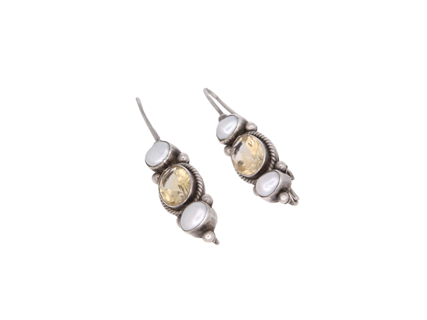 Vintage Silver Citrine Pearl Drop Earrings